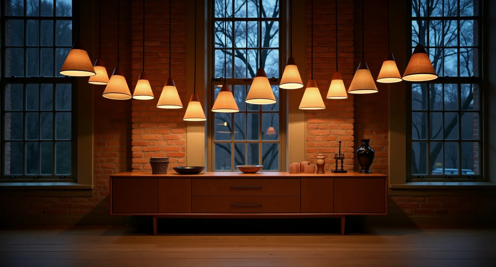 Wieczorny showroom z zapalonymi lampami wiszącymi nad dębową komodą