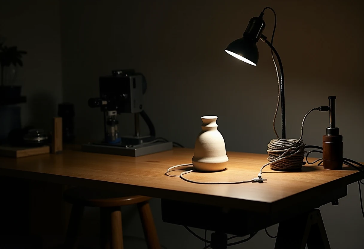Stół montażowy z ceramiczną podstawą lampy w imadle i zwojem kabla