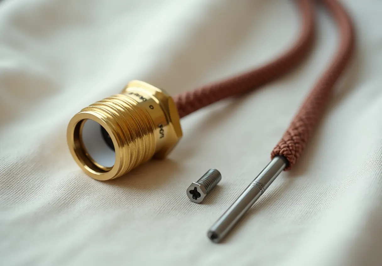 Mosiężna oprawka E27, śrubokręt i rdzawy kabel w oplocie na lnie